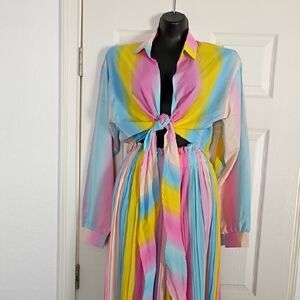 Colorful Striped Tie-Front Blouse and Pants Set